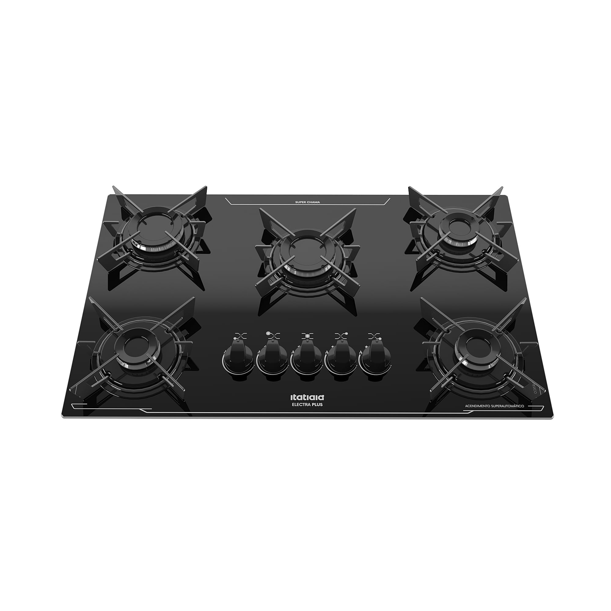 Cooktop a gás Itatiaia Electra Plus 5 bocas com mesa de vidro preta e grades individuais, visto de cima