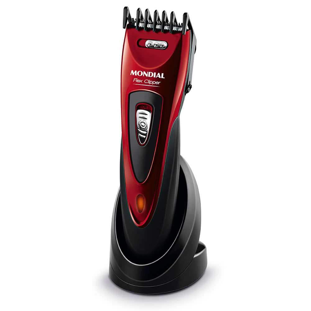 Cortador de cabelos Mondial Flex Clipper CR-04 vermelho e preto sobre a base carregadora