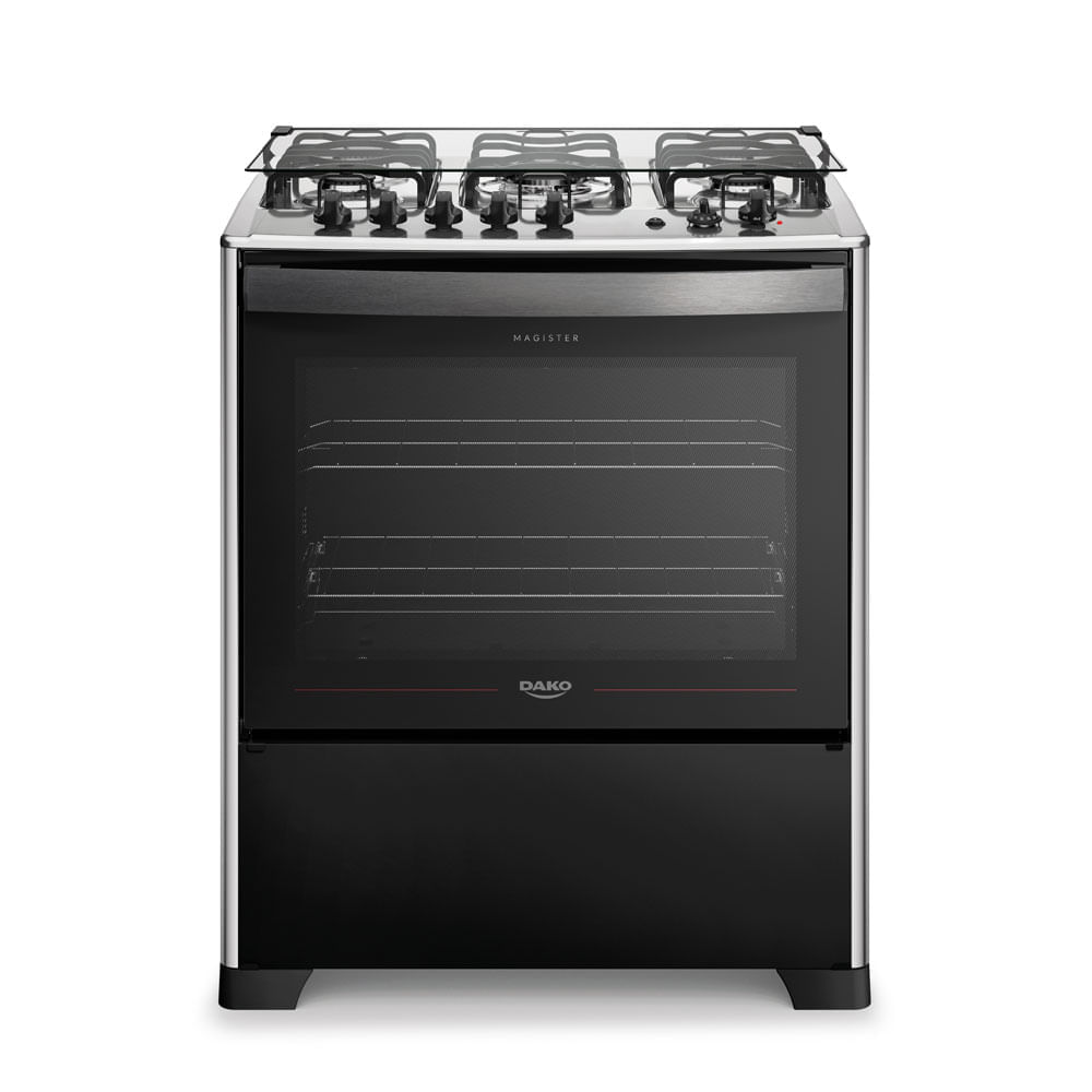 Fogão Dako Magister Inox Grill 5 bocas preto com mesa de inox, tampa de vidro levantada e forno com visor