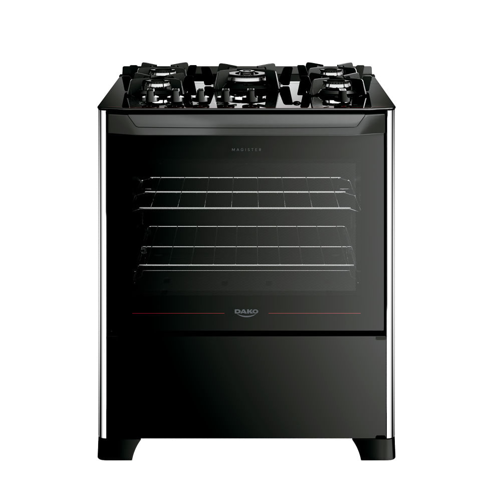 Fogão Dako Magister 5 bocas preto com mesa de vidro e porta de forno com visor
