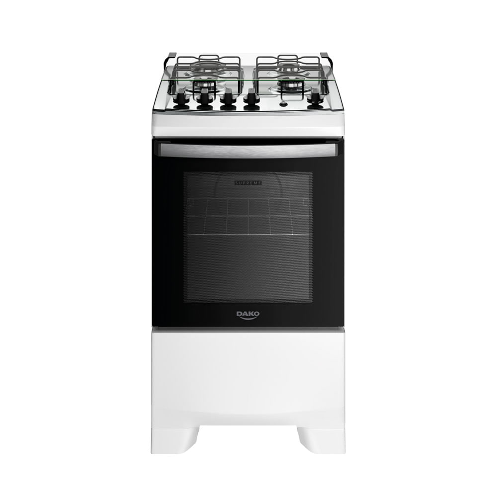 Fogão Dako Supreme Inox 4 bocas branco com mesa de inox e porta de forno com visor
