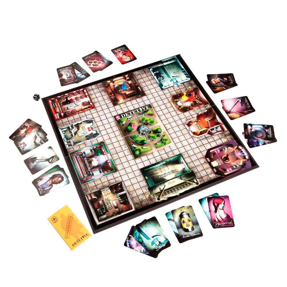 Tabuleiro do jogo Detetive da Estrela aberto, com as cartas de suspeitos, armas e locais, o dado e o envelope confidencial
