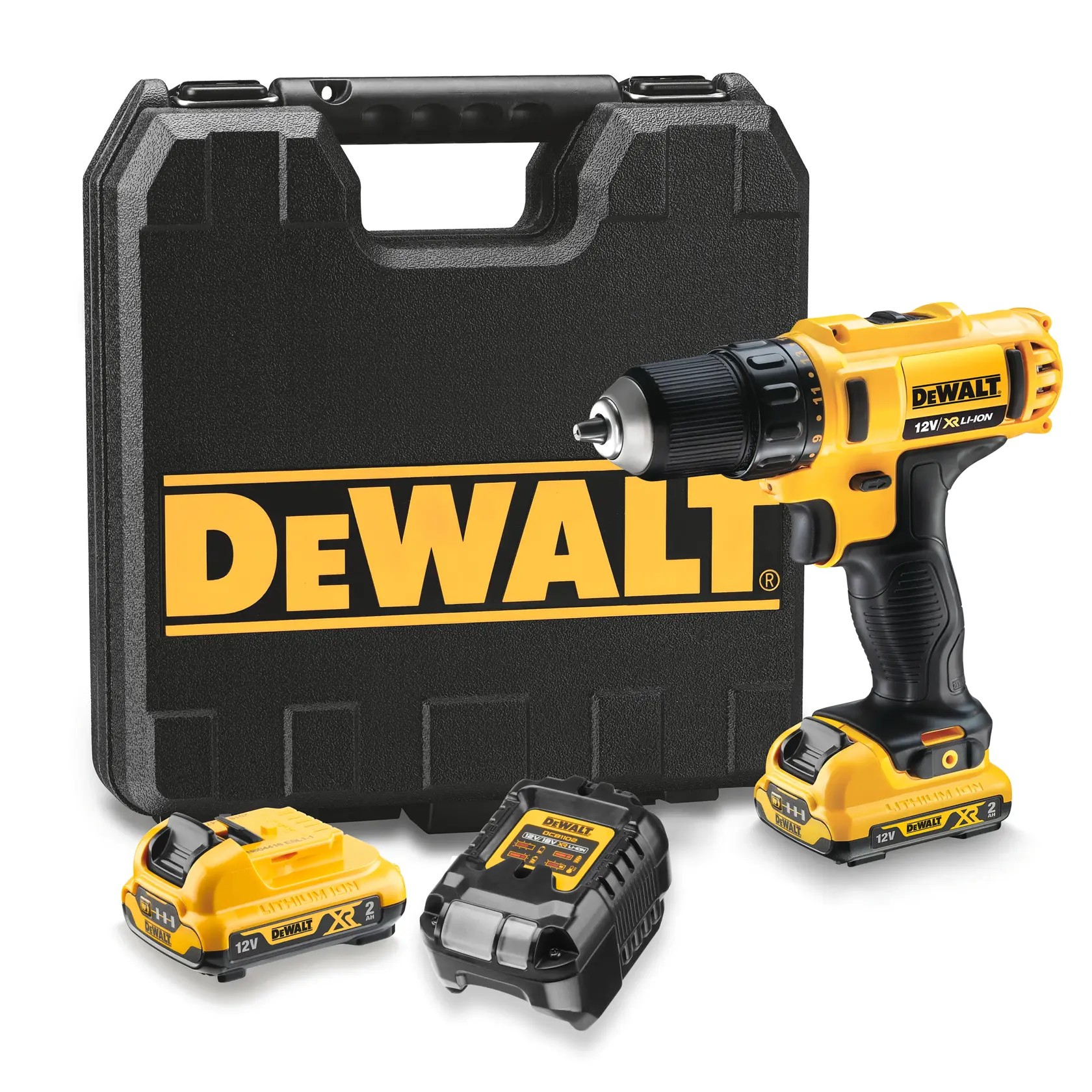 Kit DeWalt DCD710D2 com parafusadeira amarela e preta de 12V, maleta, duas baterias e carregador