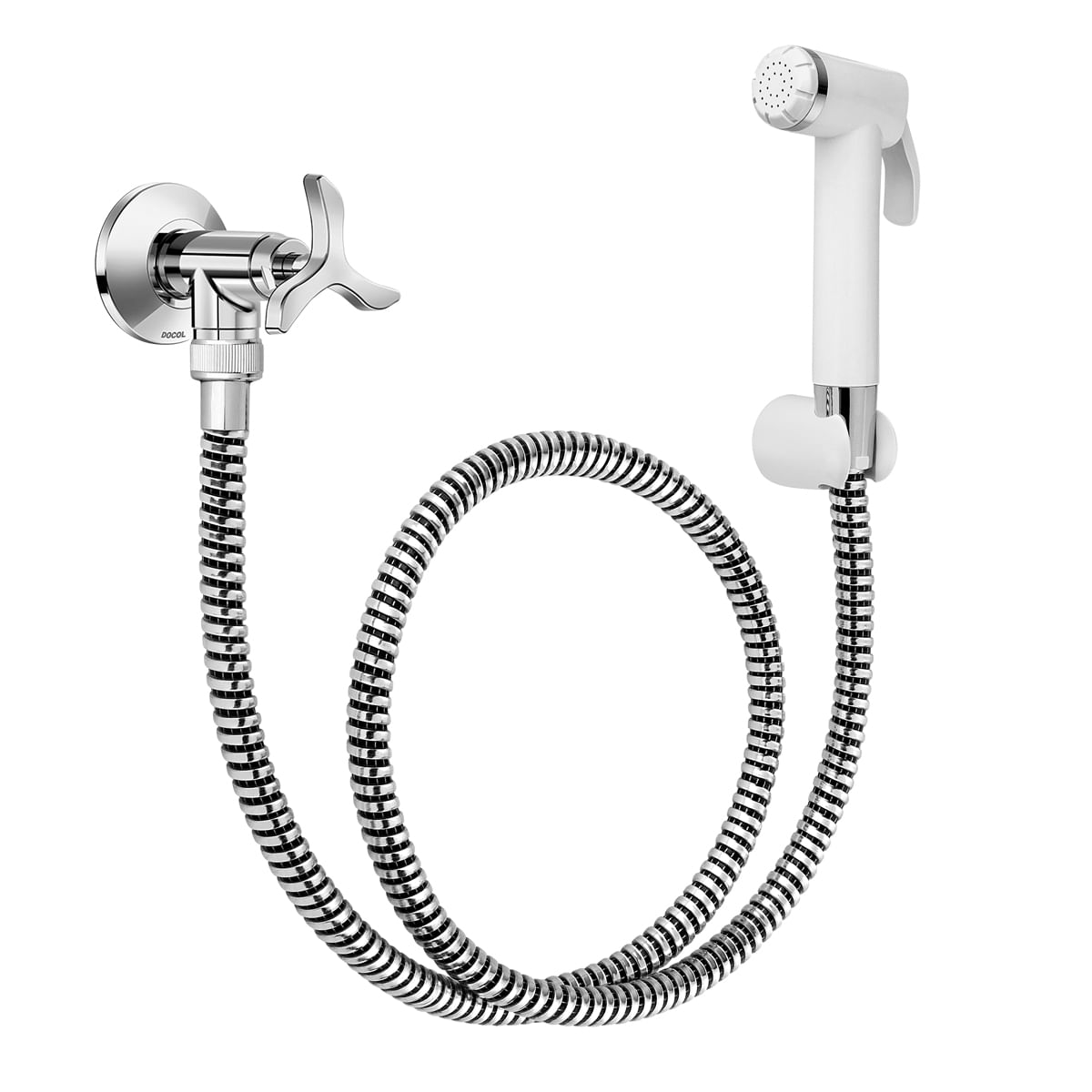Ducha higiênica Docol Nova Pertutti com registro cromado de volante cruzeta, mangueira e ducha manual branca