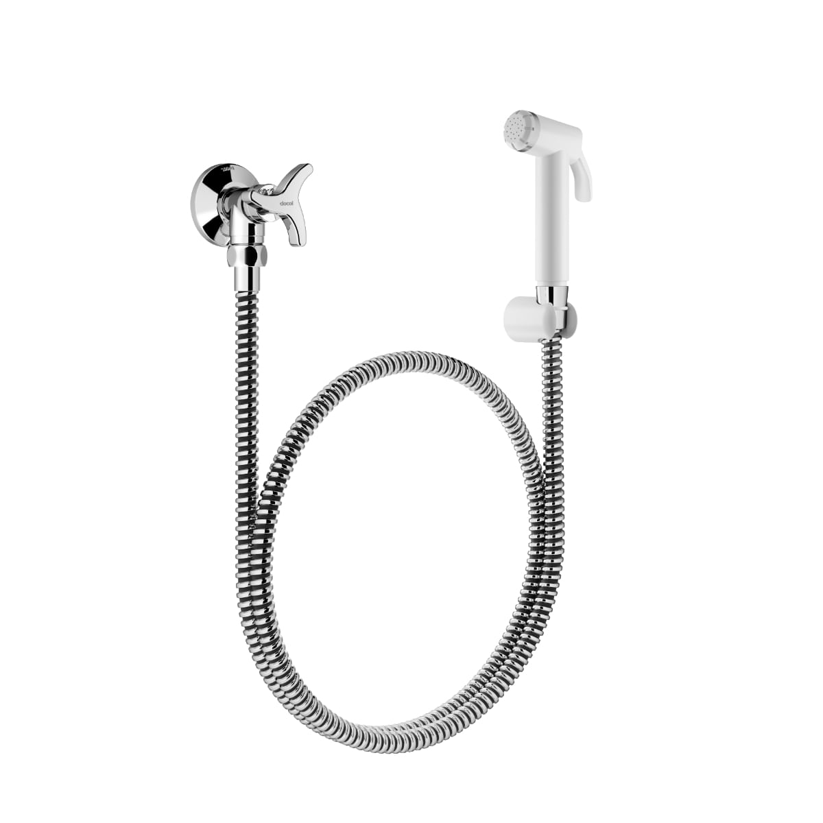 Ducha higiênica Docol Nova Trio com registro de volante trizeta, mangueira flexível e ducha manual branca com gatilho