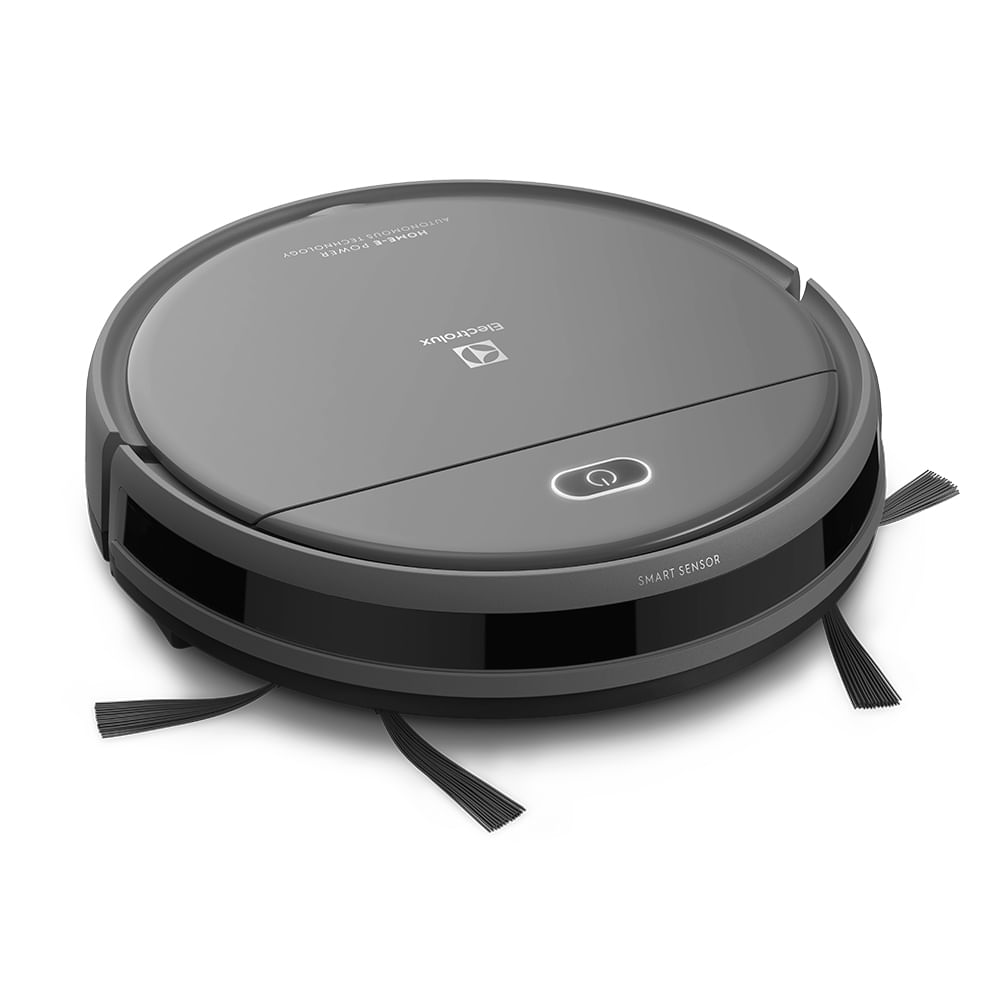 Robô aspirador Electrolux ERB30 cinza escuro visto de cima, com as escovas laterais abertas