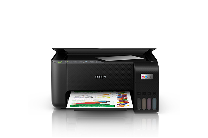 Multifuncional Epson EcoTank L3250 preta, com tanques de tinta visíveis na lateral direita