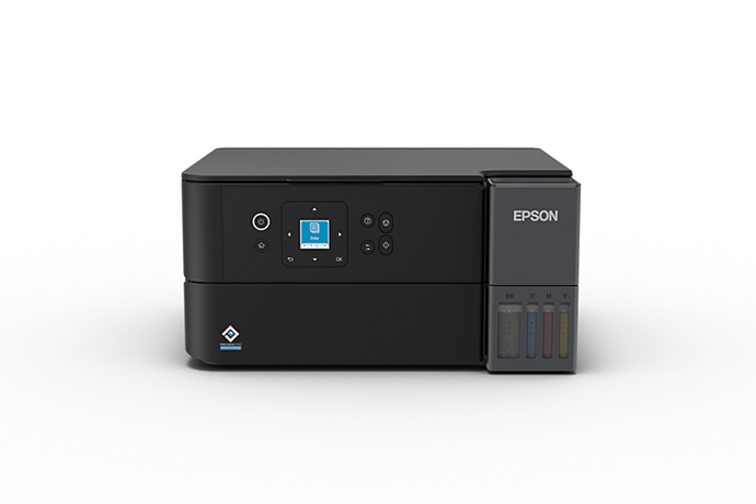 Multifuncional Epson EcoTank L4360 preta, com tela colorida pequena no painel e tanques de tinta na lateral