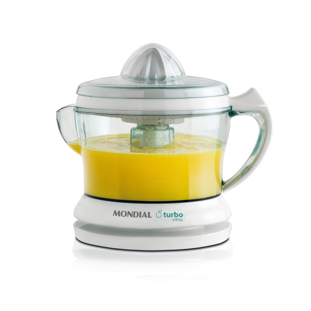 Espremedor de frutas Mondial Turbo Citrus E-01 branco com jarra transparente cheia de suco de laranja