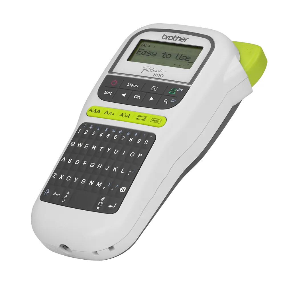 Etiquetadora Brother P-touch PT-H110 branca com teclado preto e cortador verde