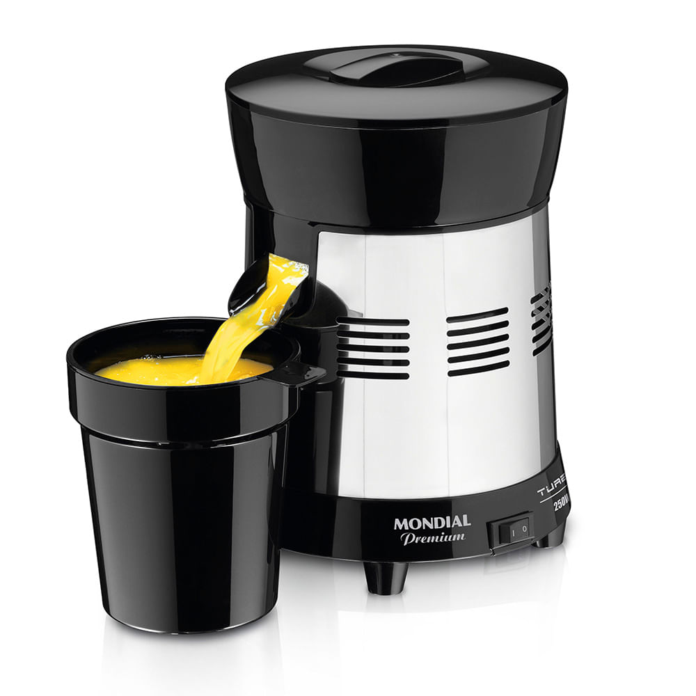 Extrator de sucos Mondial Turbo Premium E-10 preto e inox com copo recebendo suco