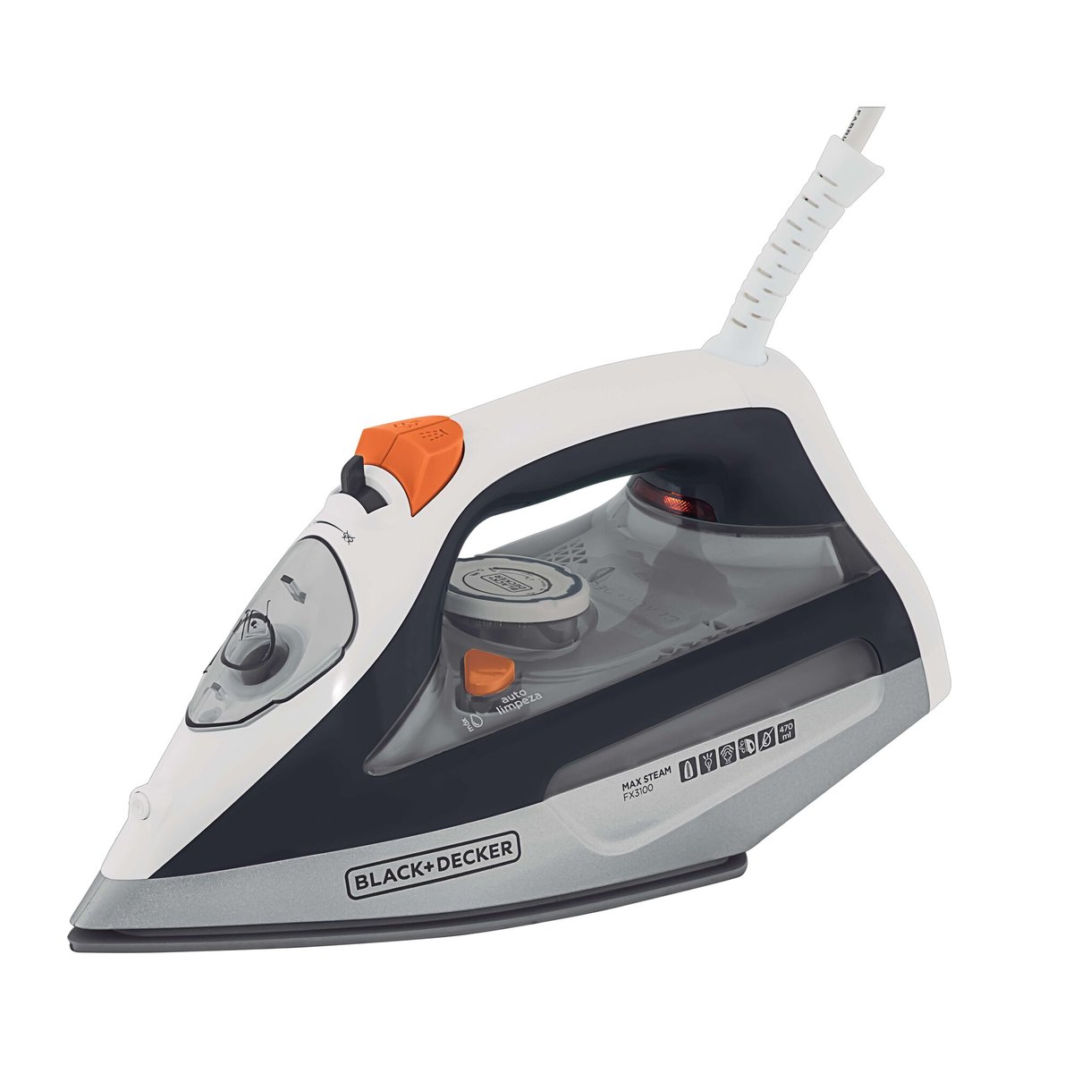 Ferro a vapor Black+Decker FX3100 Max Steam branco, azul-escuro e cinza com detalhes laranja