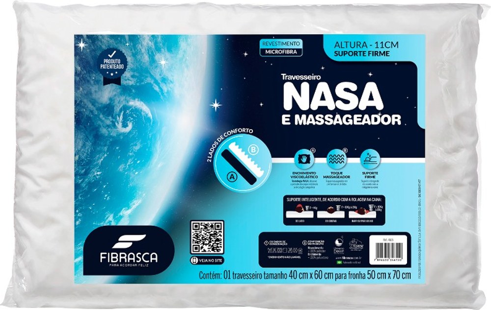 Embalagem do Travesseiro Nasa e Massageador Fibrasca, altura de 11 cm