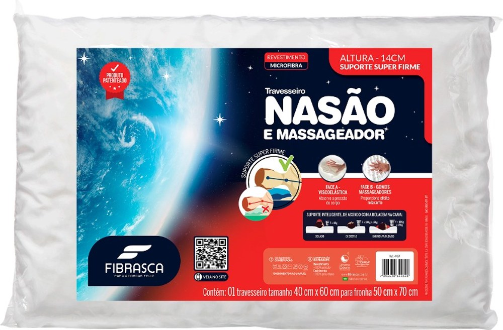 Embalagem do Travesseiro Nasão e Massageador Fibrasca, altura de 14 cm