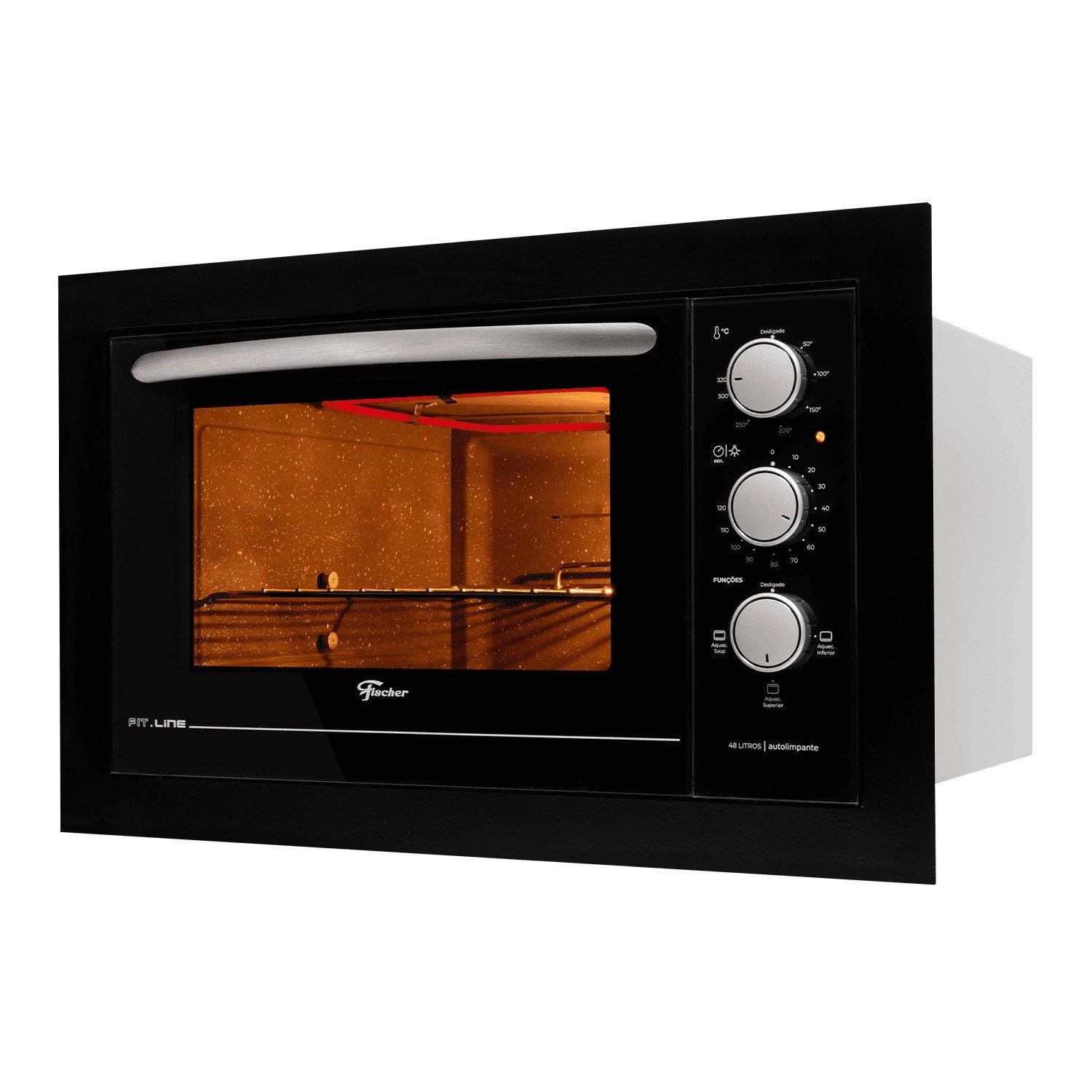 Forno elétrico de embutir Fischer Fit Line 48 litros preto com três botões giratórios ao lado da porta