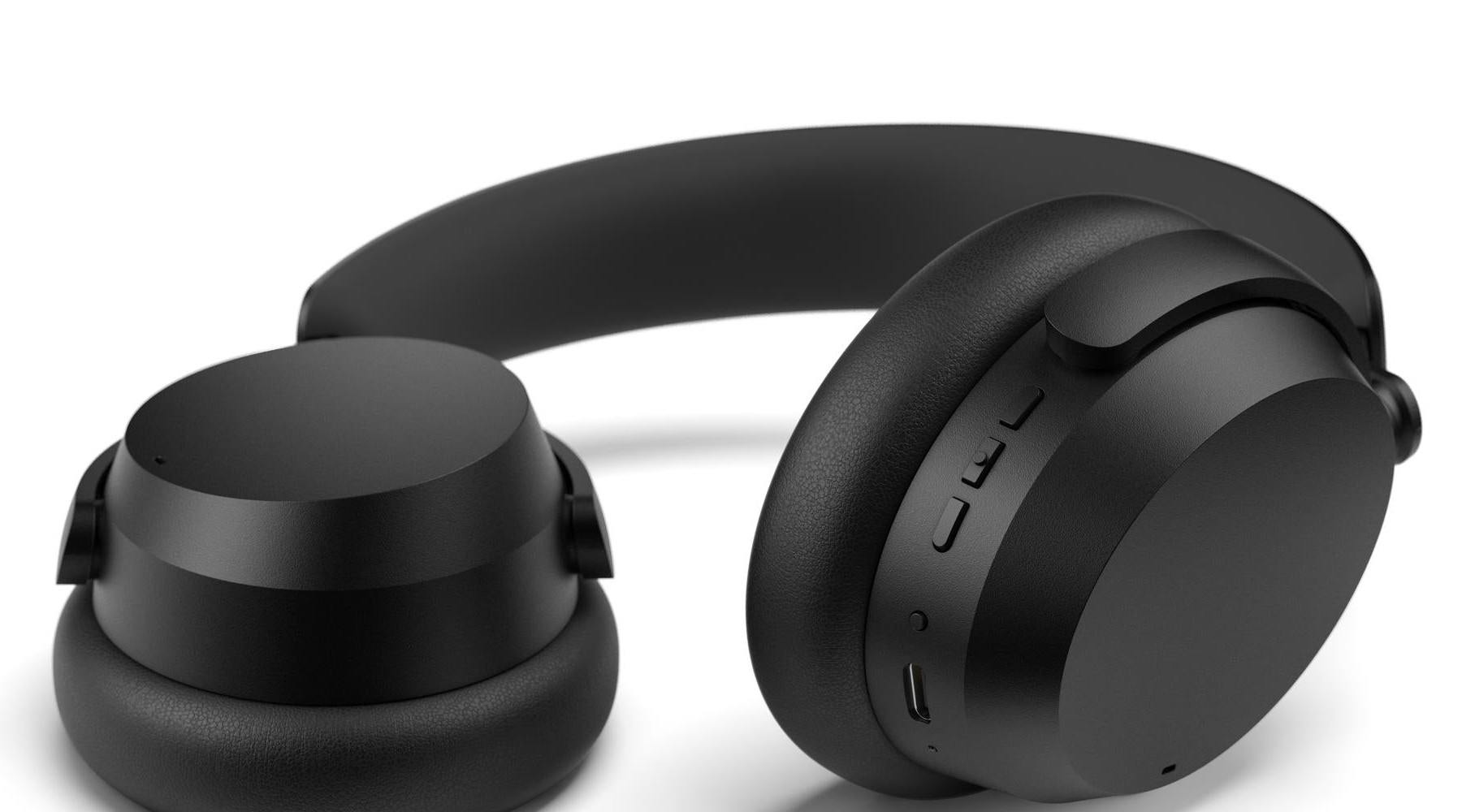 Fone Sennheiser Accentum Wireless preto com as conchas viradas, mostrando os botões e a porta USB-C