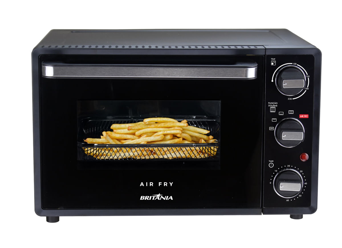 Forno elétrico Britânia BFE25P preto com três botões giratórios ao lado da porta