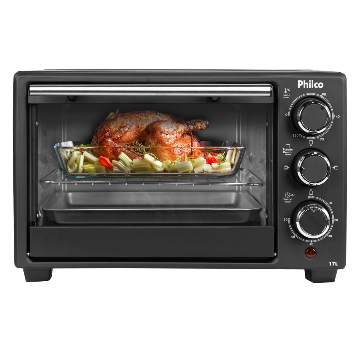 Forno elétrico Philco PFE17P preto de 17 litros com porta de vidro e botões ao lado
