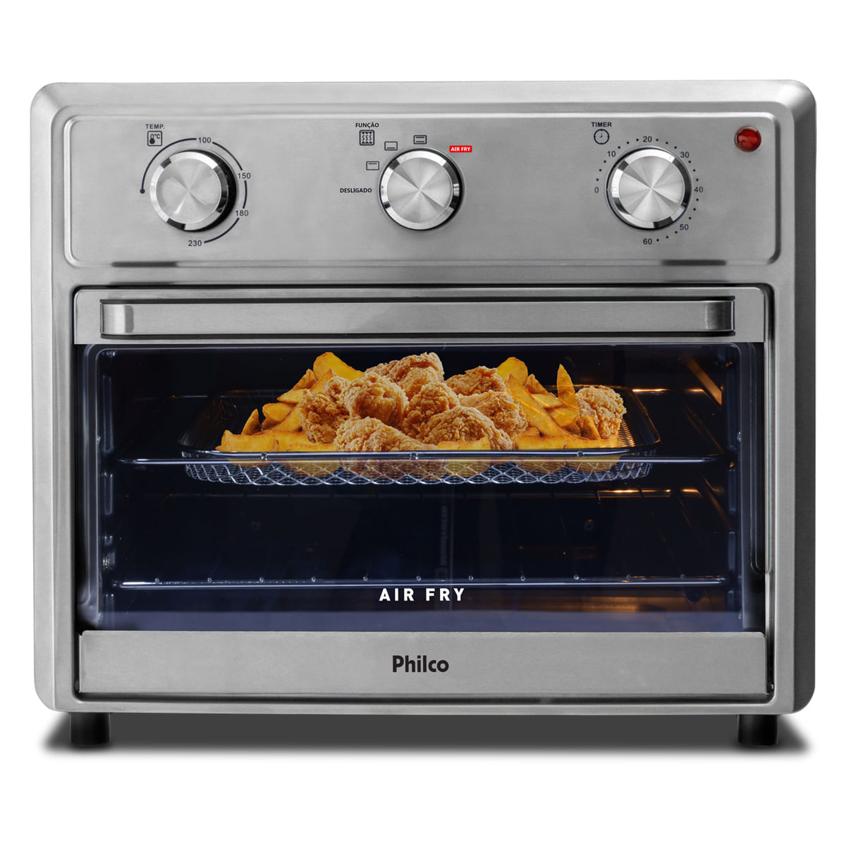 Forno elétrico Philco PFE25I em aço inox com três botões giratórios no painel superior