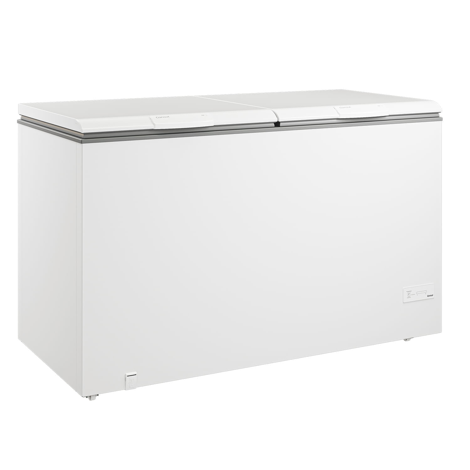 Freezer horizontal Consul branco de duas tampas, visto em três quartos