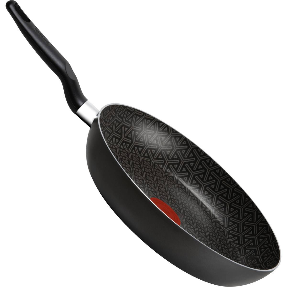 Frigideira Rochedo Robusta Grafite 24 cm em ângulo, com cabo preto e indicador Thermo-Sinal vermelho no fundo