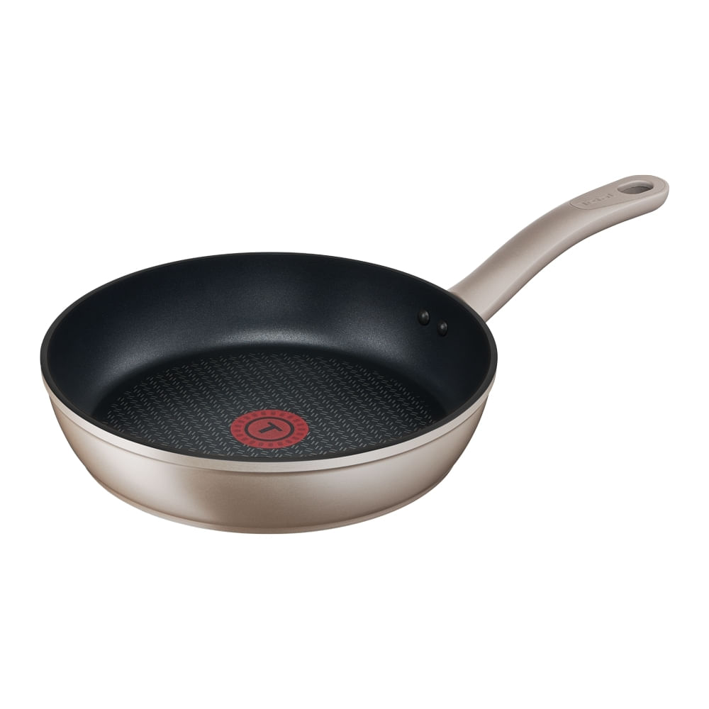Frigideira Tefal Sensations 24 cm cor champagne, com interior escuro e indicador Thermo-Sinal vermelho no fundo