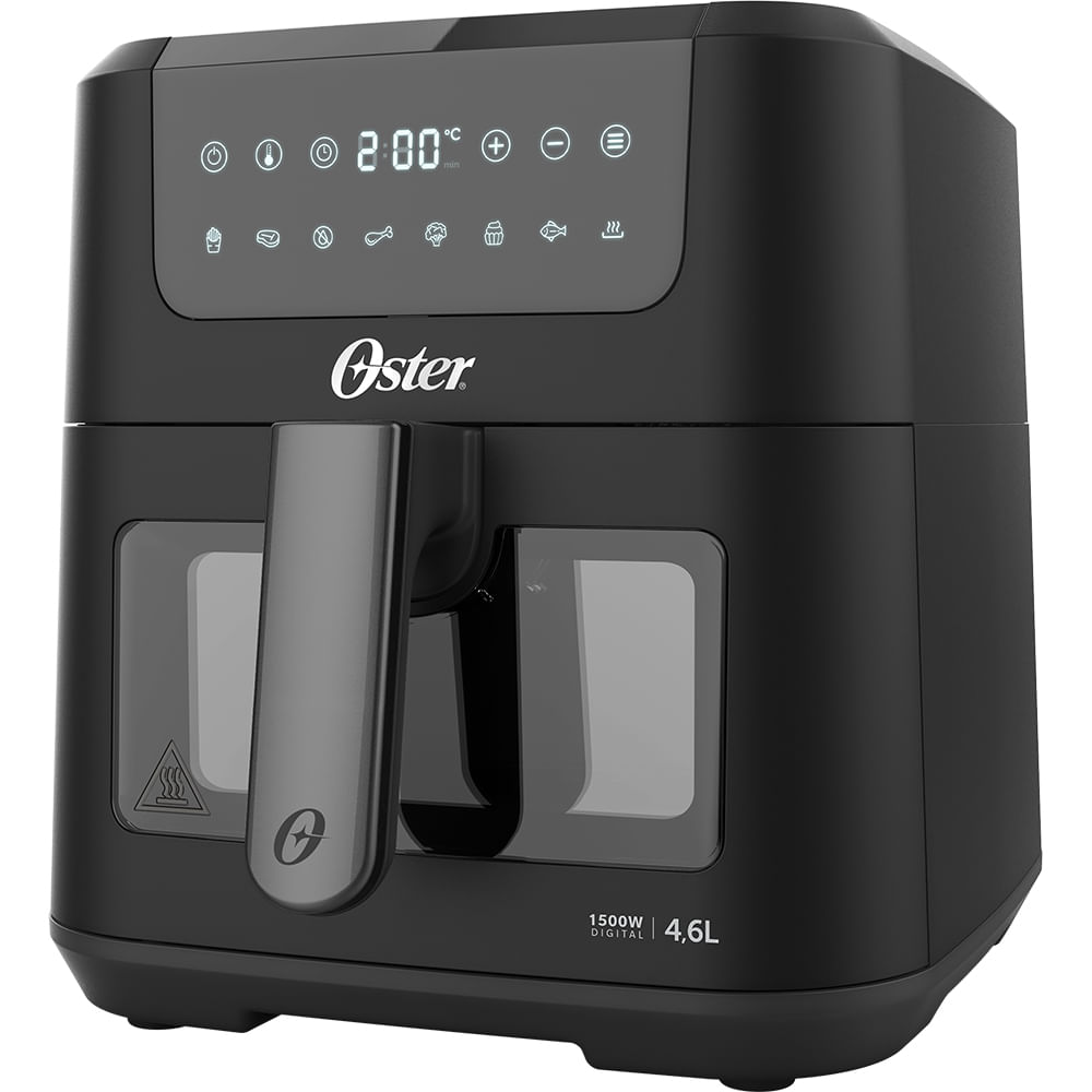 Fritadeira Oster Digital Clear OFRT970 preta, com painel touch no alto e visor transparente no cesto
