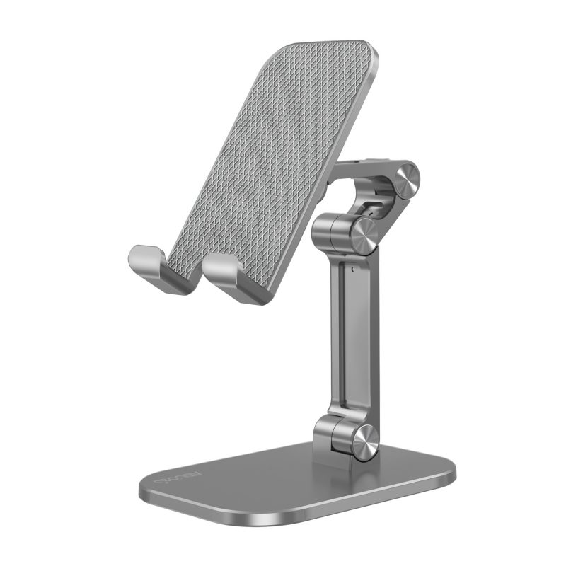 Suporte FlexPro SUPMOB cinza, com base retangular, braço articulado e apoio com garras para o aparelho