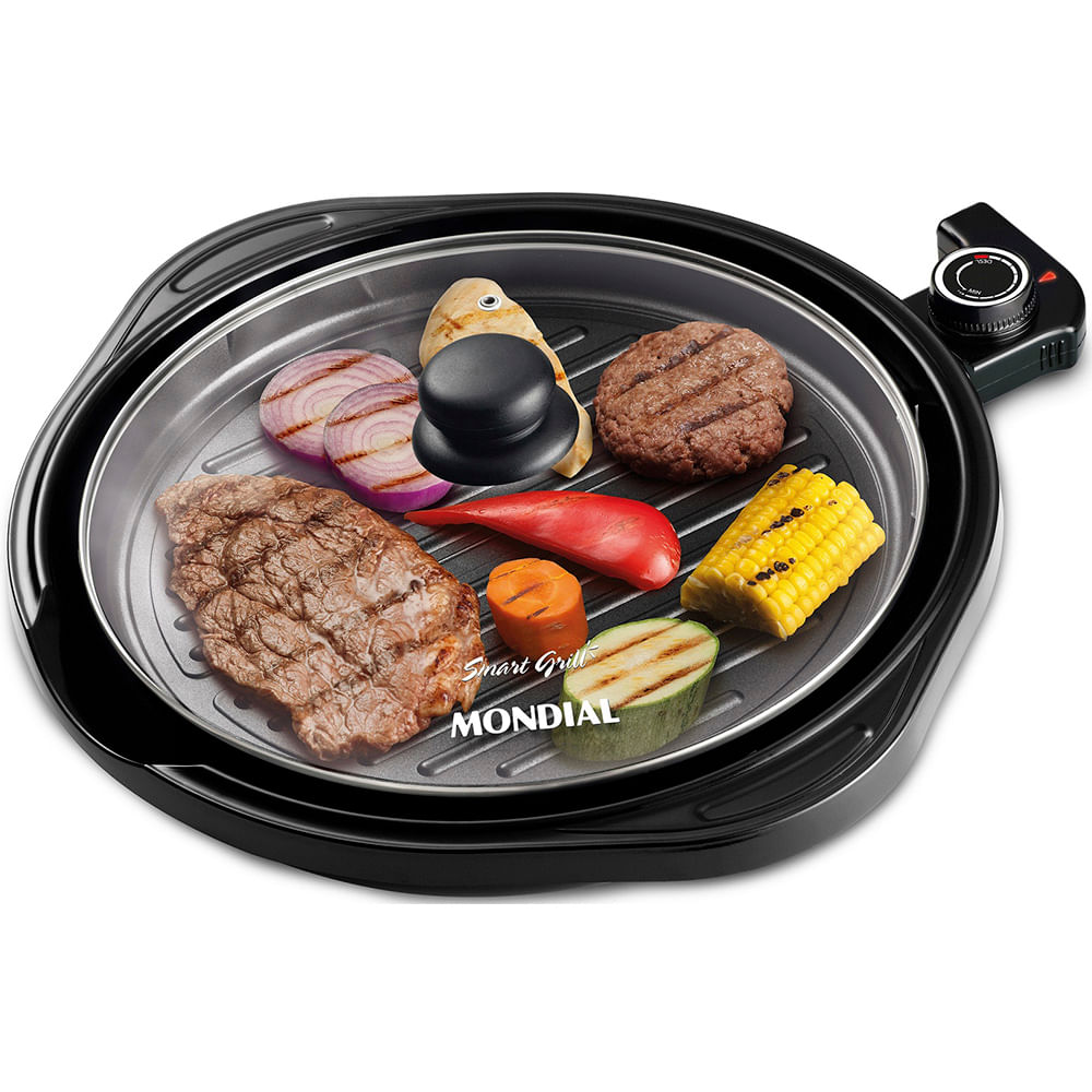 Grill redondo Mondial Smart Grill G-04 preto com tampa de vidro e legumes e carnes grelhados