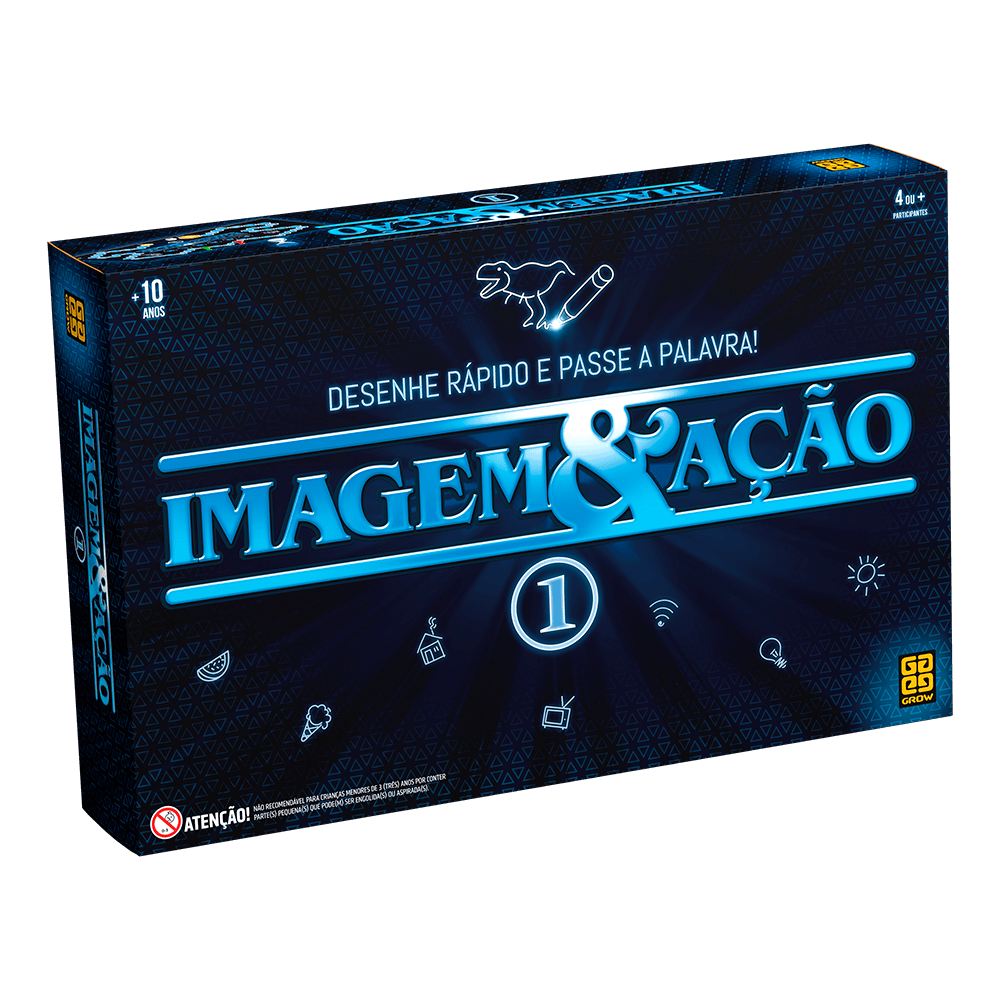 Caixa do jogo Grow Imagem & Ação 1, azul escura, com o título em letras brilhantes