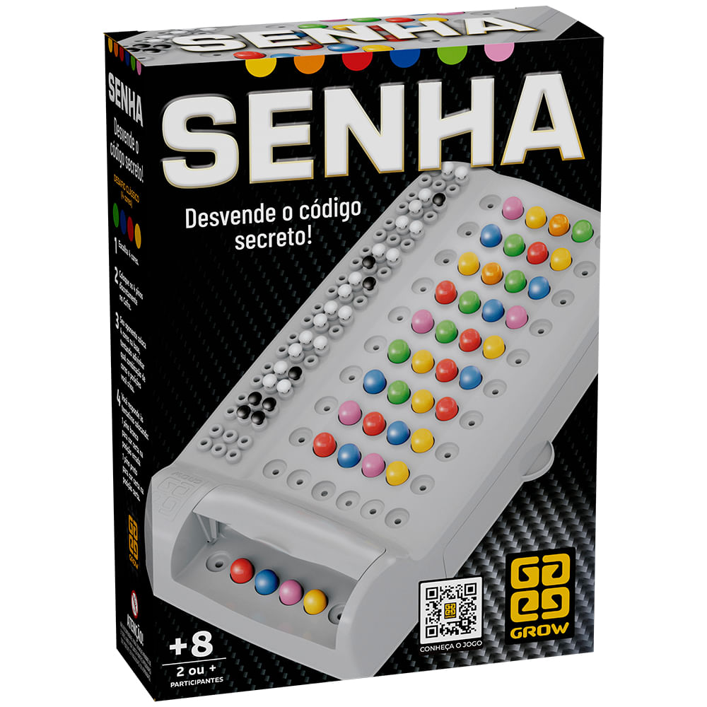 Caixa do jogo Grow Senha, preta, com a base cinza e pinos coloridos