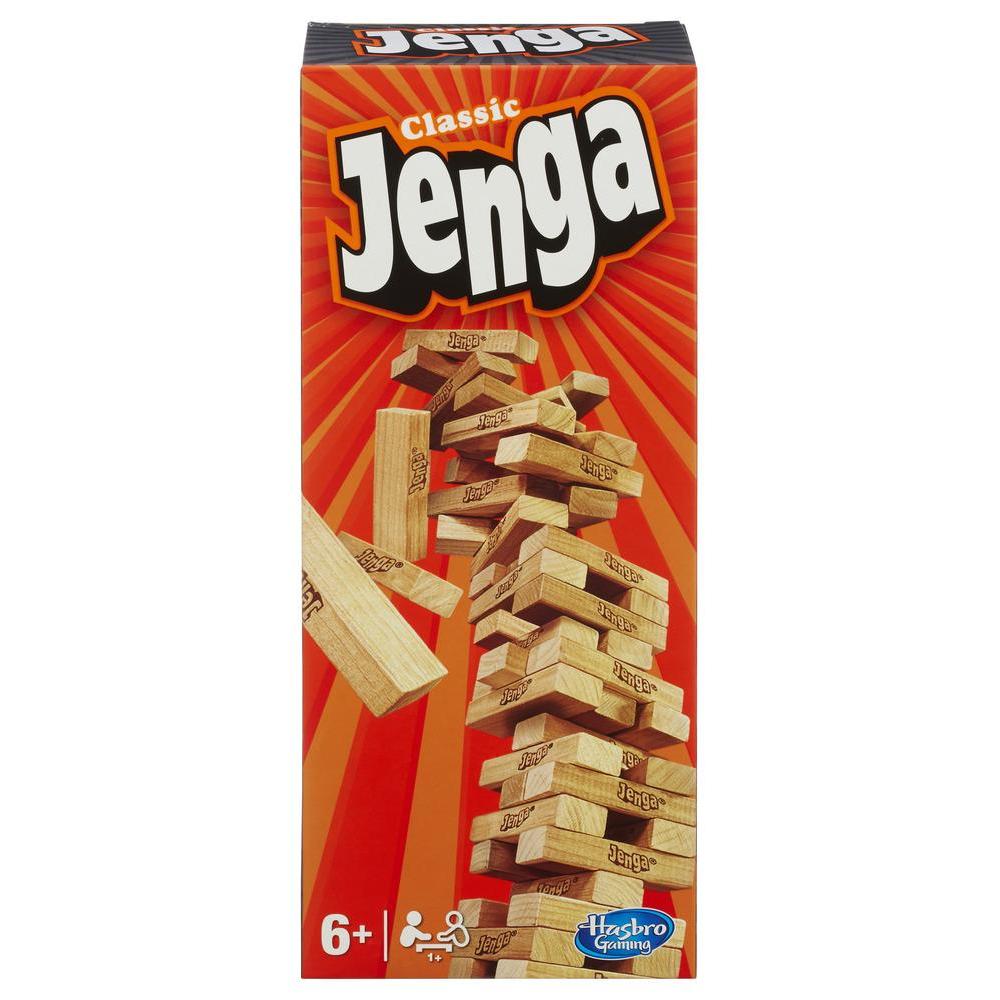 Caixa do jogo Hasbro Gaming Jenga Clássico, vermelha e laranja, com a torre de blocos de madeira