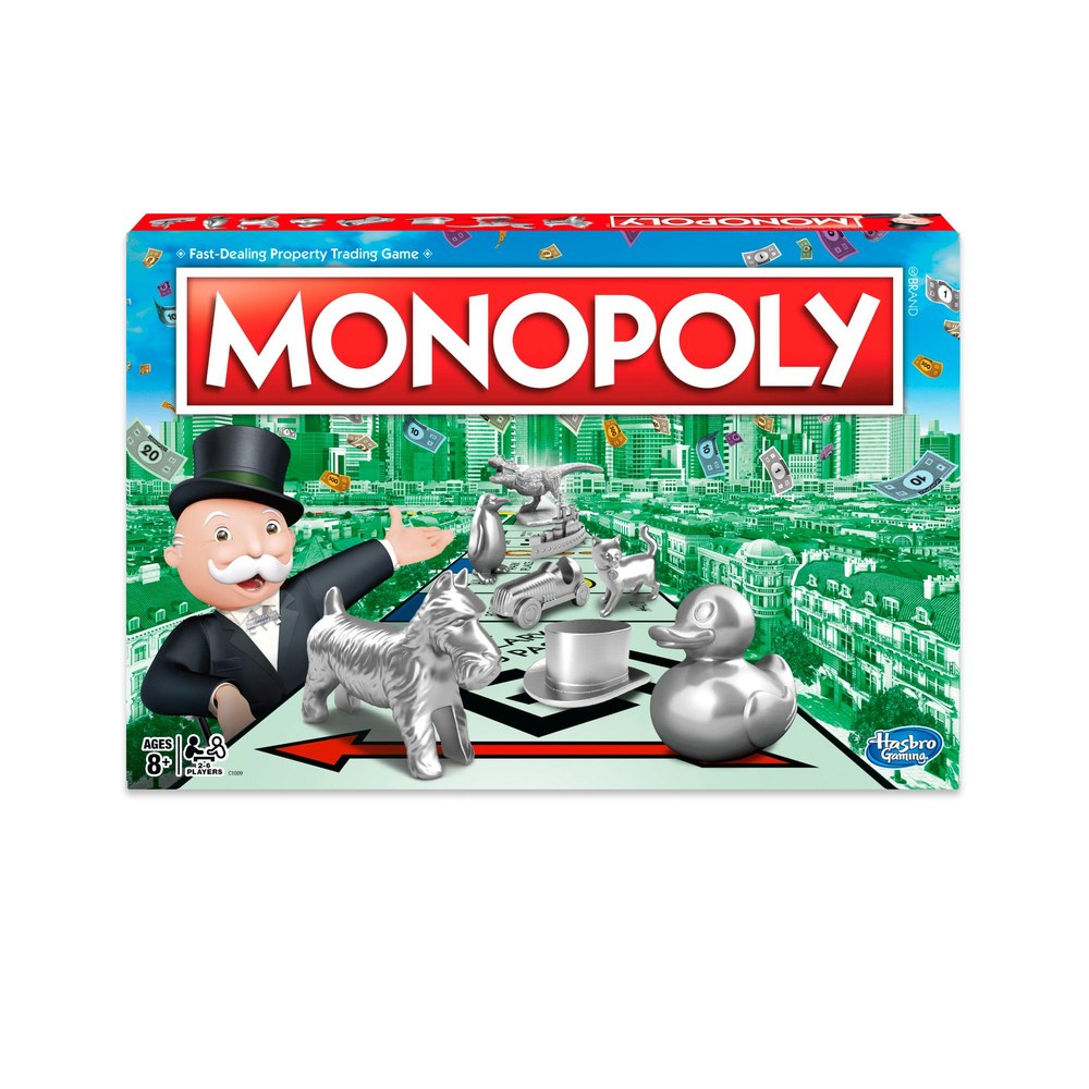 Caixa do jogo Hasbro Gaming Monopoly Clássico, com o Sr. Monopoly e os peões prateados sobre fundo verde
