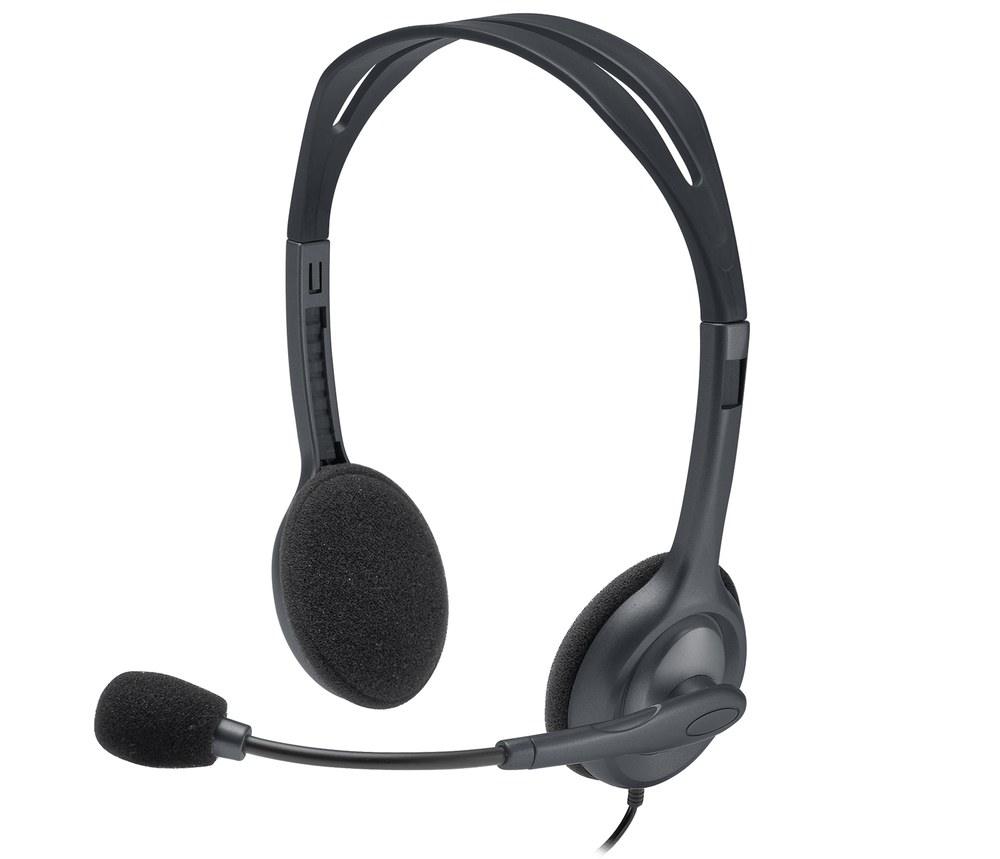 Headset Logitech H111 cinza escuro visto de frente, com arco de cabeça, almofadas de espuma e microfone flexível