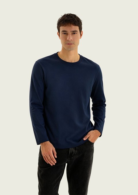 Camiseta básica masculina Hering Manga Longa World, azul marinho, gola redonda