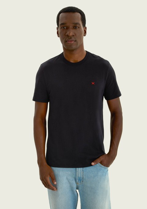 Camiseta básica masculina Hering World com bordado, preta, manga curta e gola redonda