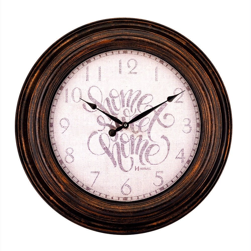 Relógio de parede Herweg 4603 grande com moldura escura envelhecida e mostrador claro com desenho decorativo
