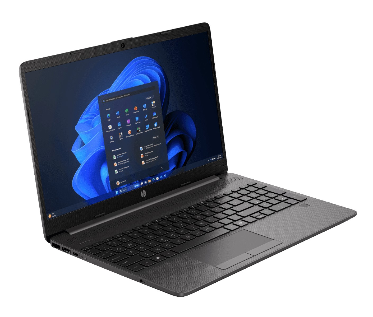 Notebook HP 256R G9 cinza escuro, aberto, visto em ângulo, com a tela do Windows 11