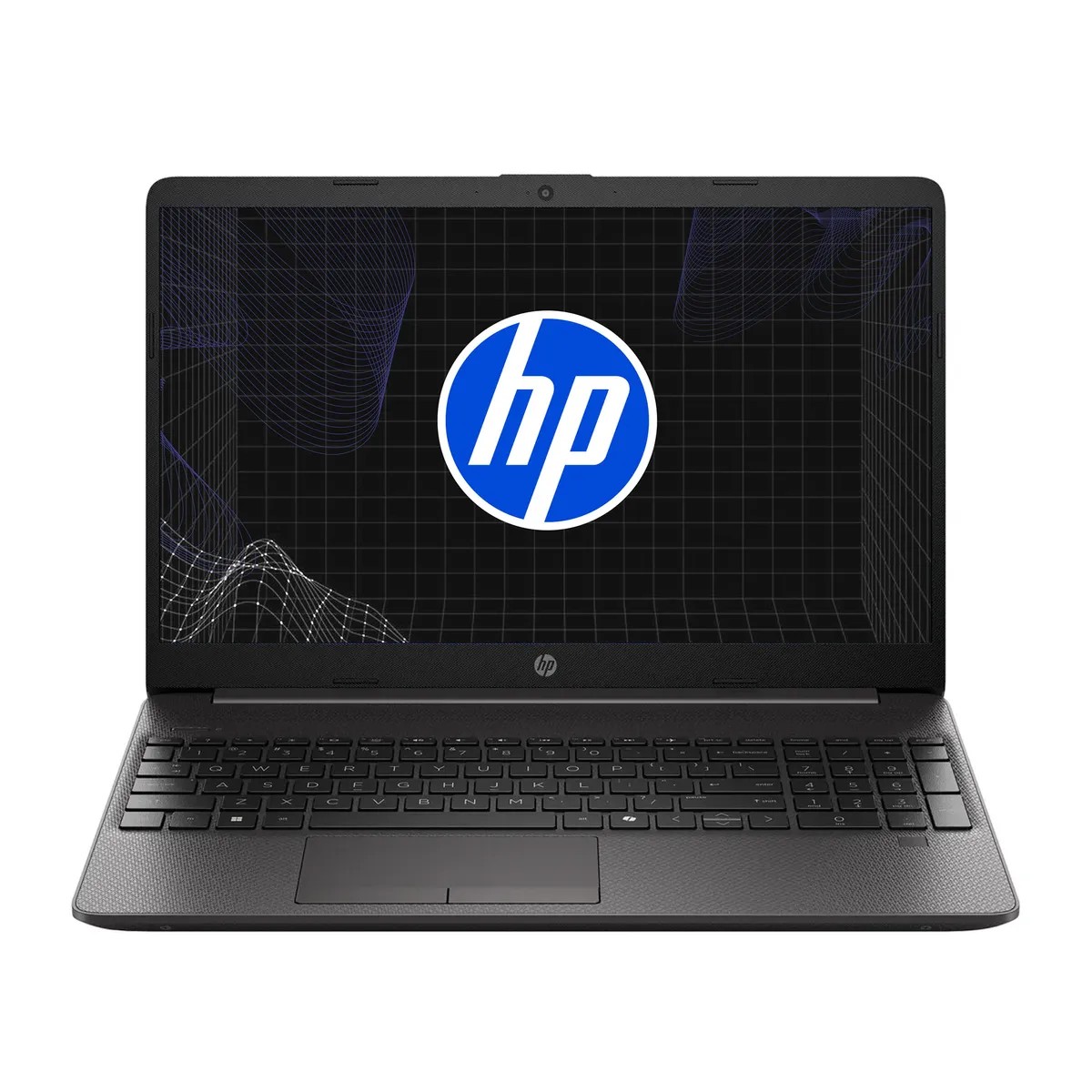Notebook HP 256R G9 cinza escuro, aberto, visto de frente, com o logotipo da HP na tela