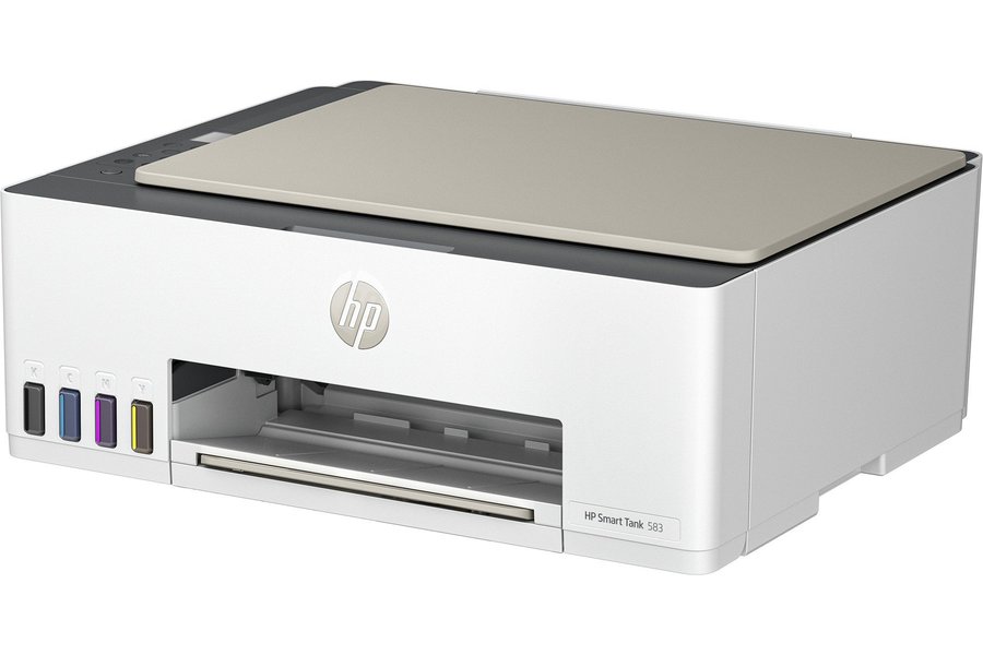 Multifuncional HP Smart Tank 583 branca com tampa bege, vista em ângulo, com os tanques de tinta na frente