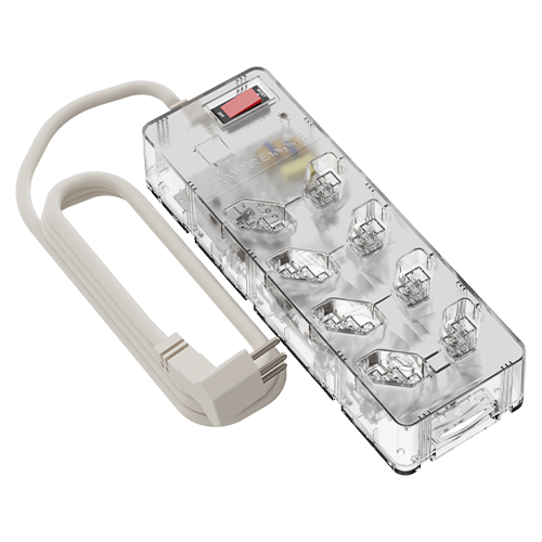 Filtro de linha iCLAMPER Energia 8, transparente, com oito tomadas e chave vermelha