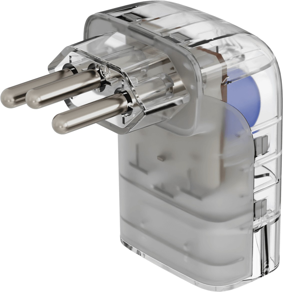 Protetor contra surtos iCLAMPER Pocket Fit 3P transparente, com plugue de três pinos e corpo em ângulo de 90 graus