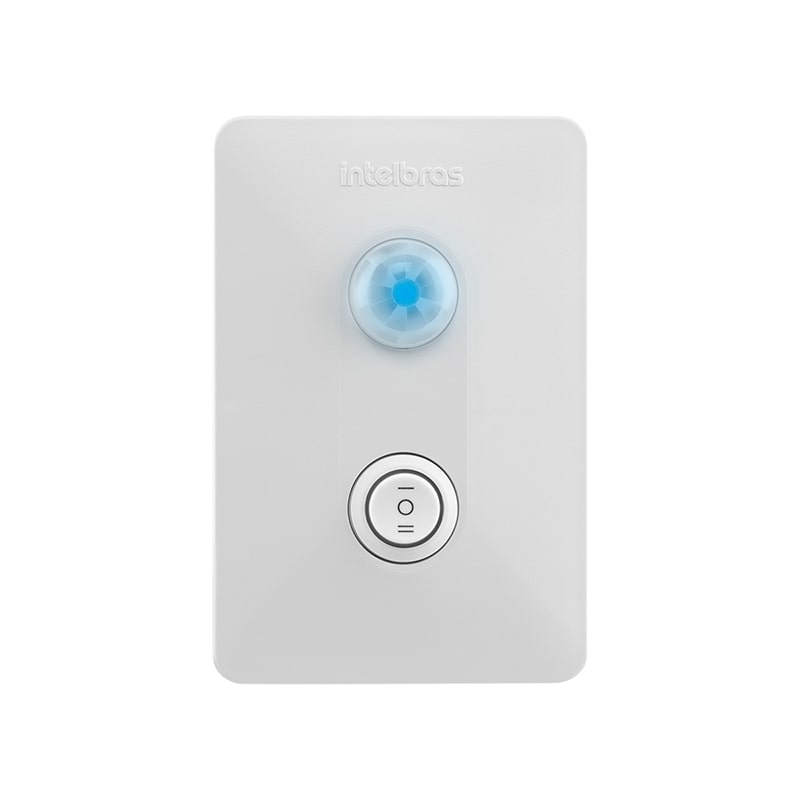 Interruptor com sensor de presença Intelbras ESPi 180 E+, placa branca com sensor azulado e botão