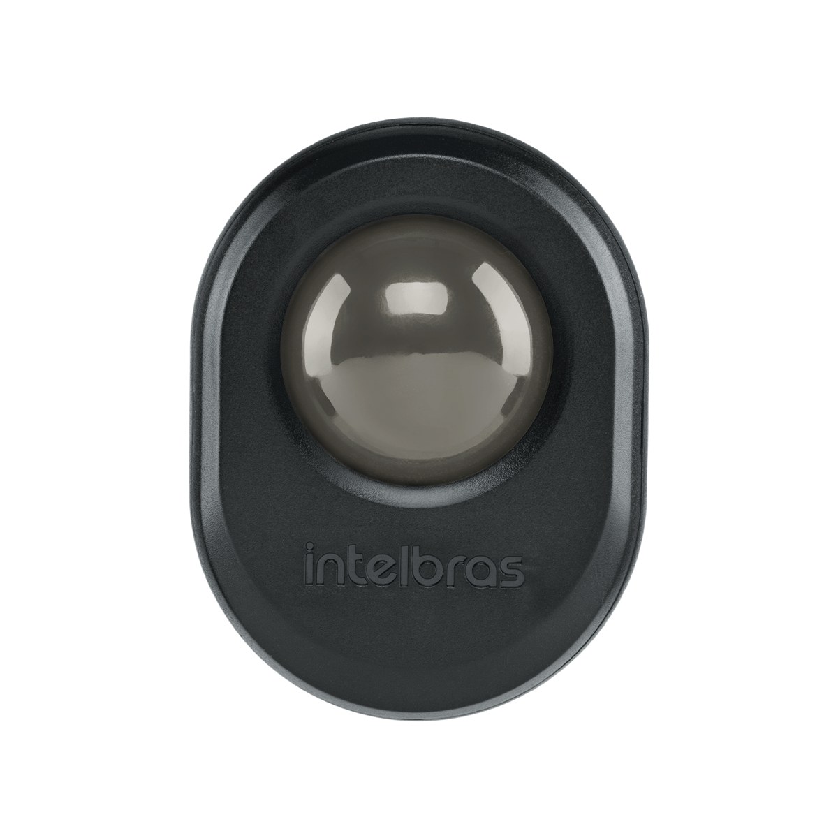 Vista frontal do sensor de presença Intelbras ESPI 360 A preto, com lente escura redonda e a marca Intelbras