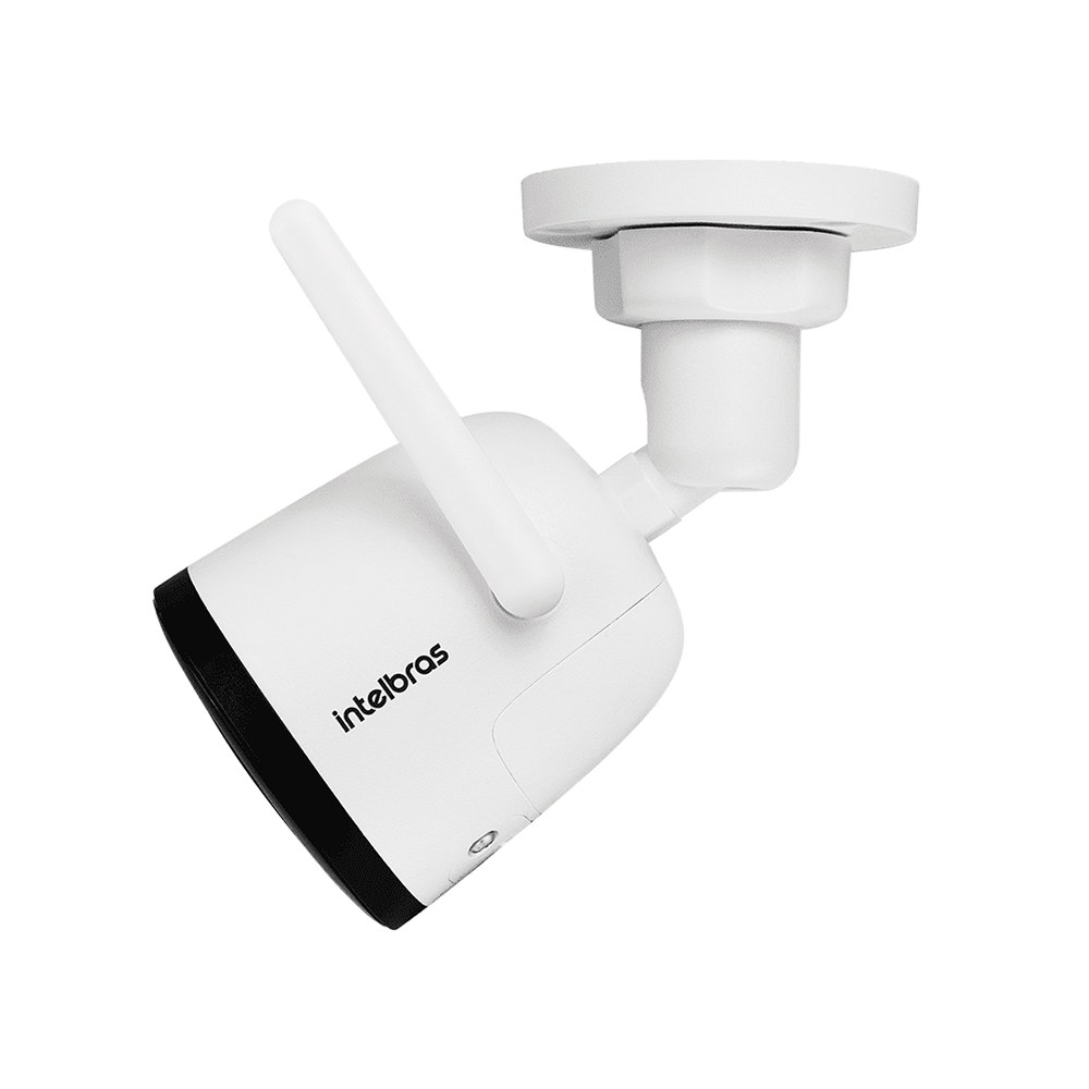 Câmera Wi-Fi Intelbras Mibo iM5 SC branca, tipo bullet, com antena e suporte de fixação