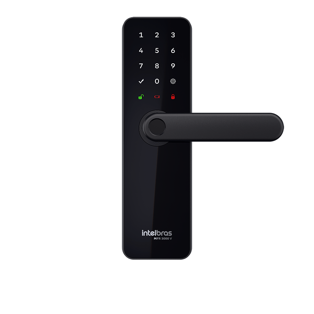 Fechadura inteligente de embutir Intelbras MFR 3000 V com teclado numérico, leitor de digital e maçaneta