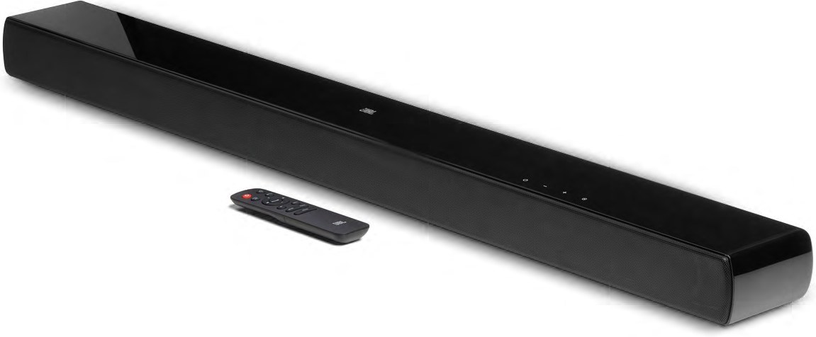 Soundbar JBL Cinema SB120 preta, com o controle remoto ao lado