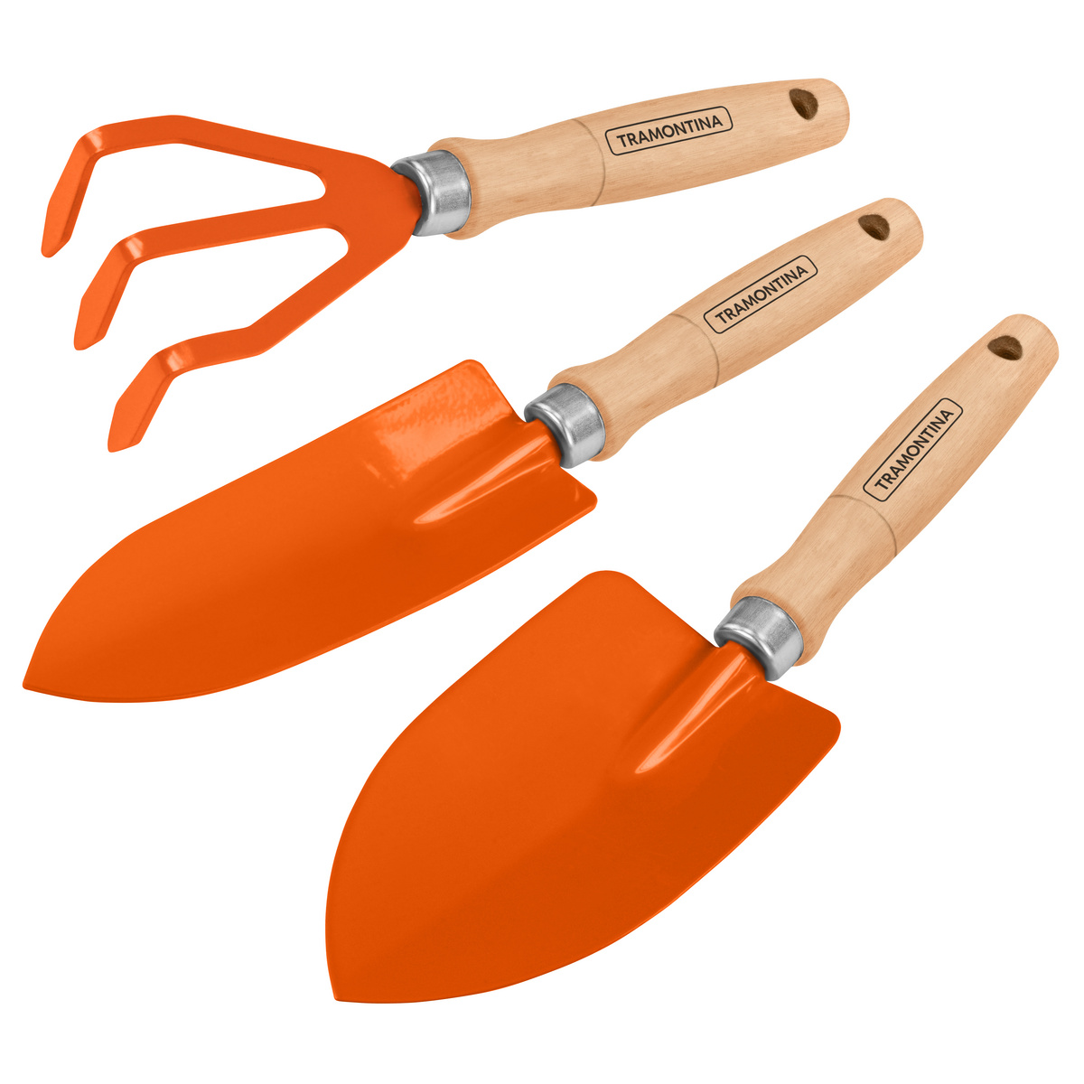 Conjunto de jardinagem Tramontina com ancinho de 3 dentes e duas pazinhas laranja com cabos de madeira