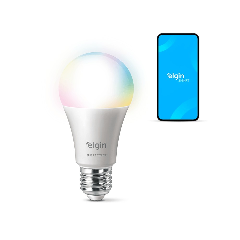 Lâmpada inteligente Elgin Smart Color com bulbo colorido, base de rosca metálica e celular mostrando o aplicativo Elgin Smart