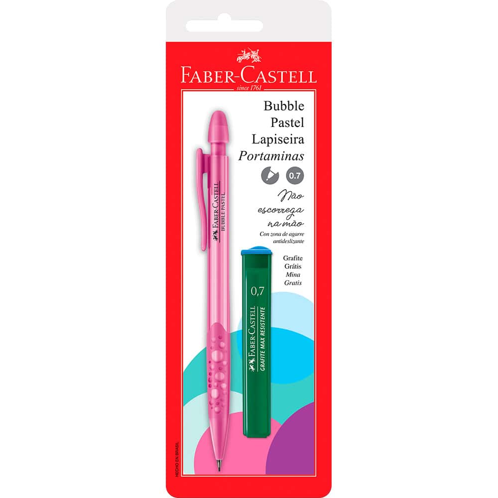 Lapiseira Bubble Pastel rosa 0,7 mm da Faber-Castell na embalagem blister com tubo de mina